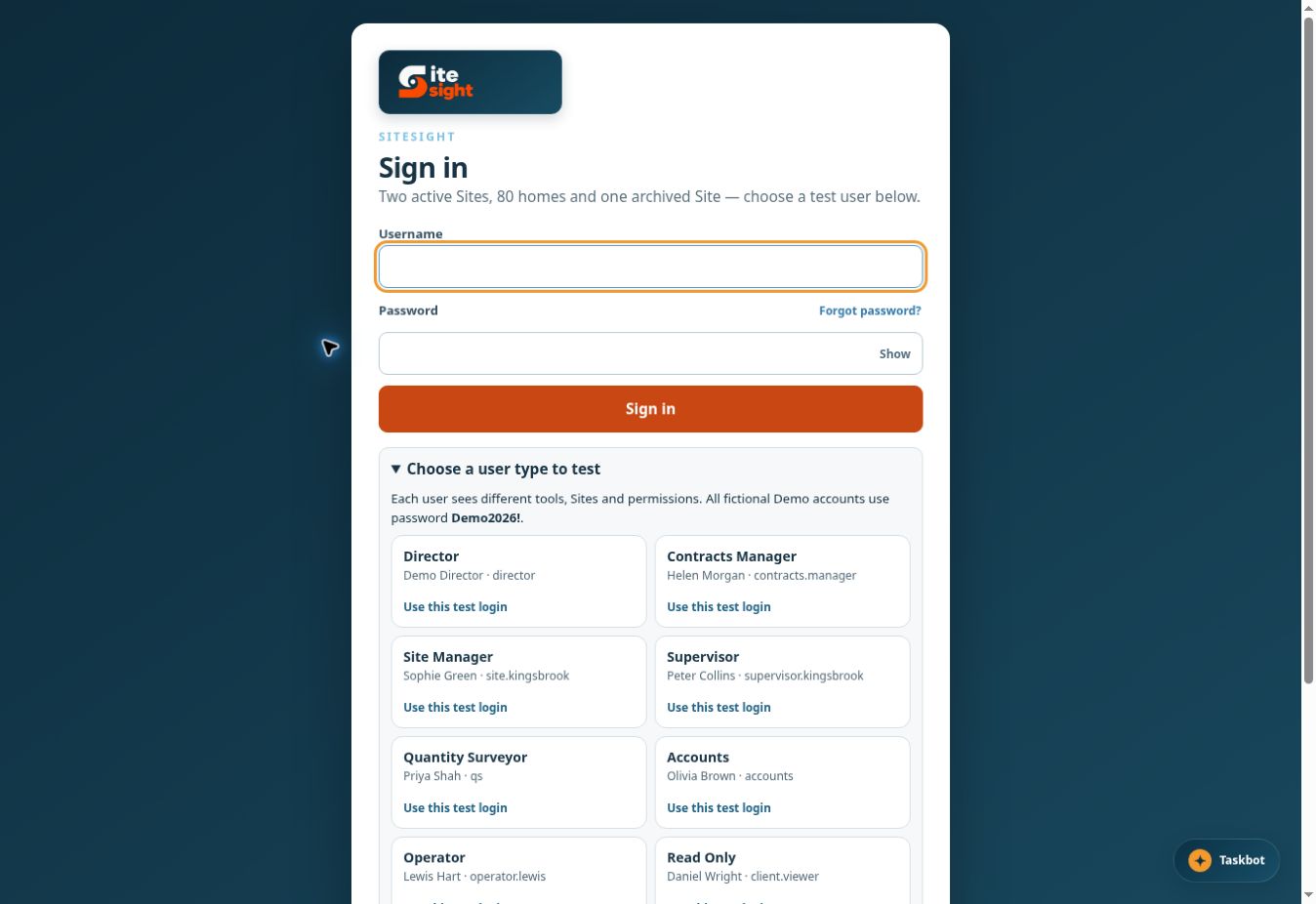 SiteSight free demonstration sign-in screen