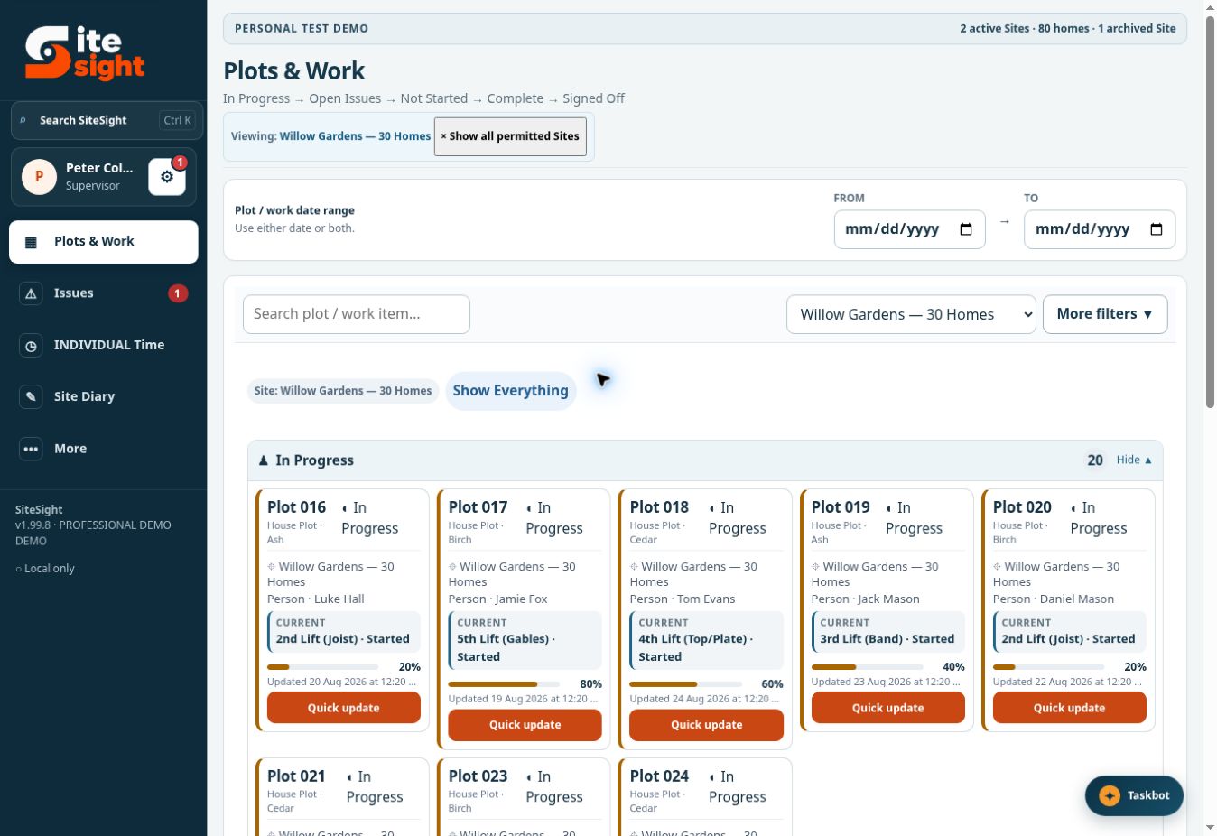 SiteSight Supervisor plots and work screen with compact plot cards